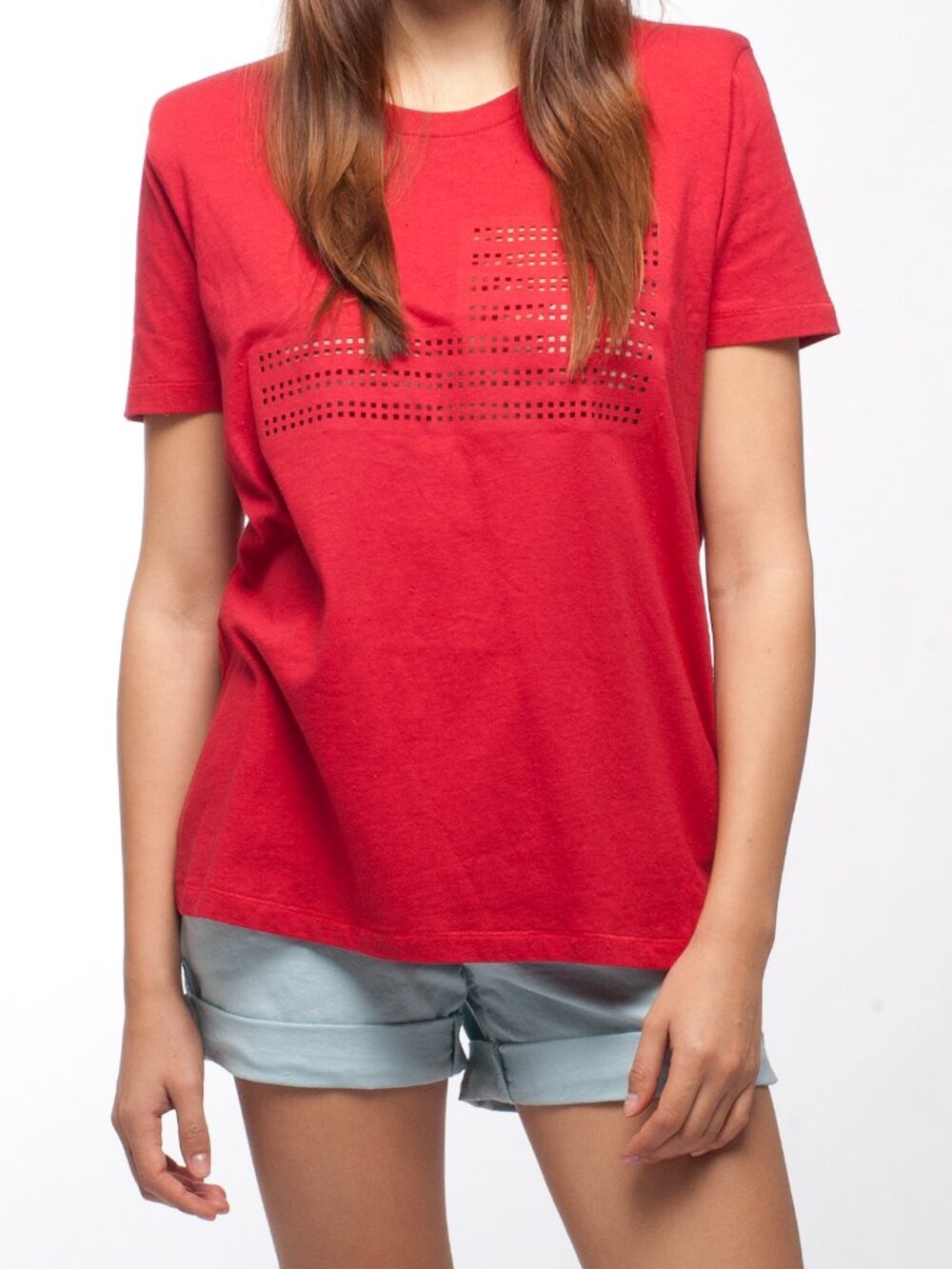 IRO Red Cotton Perforated Tee T-Shirt Size FR 40 M or L